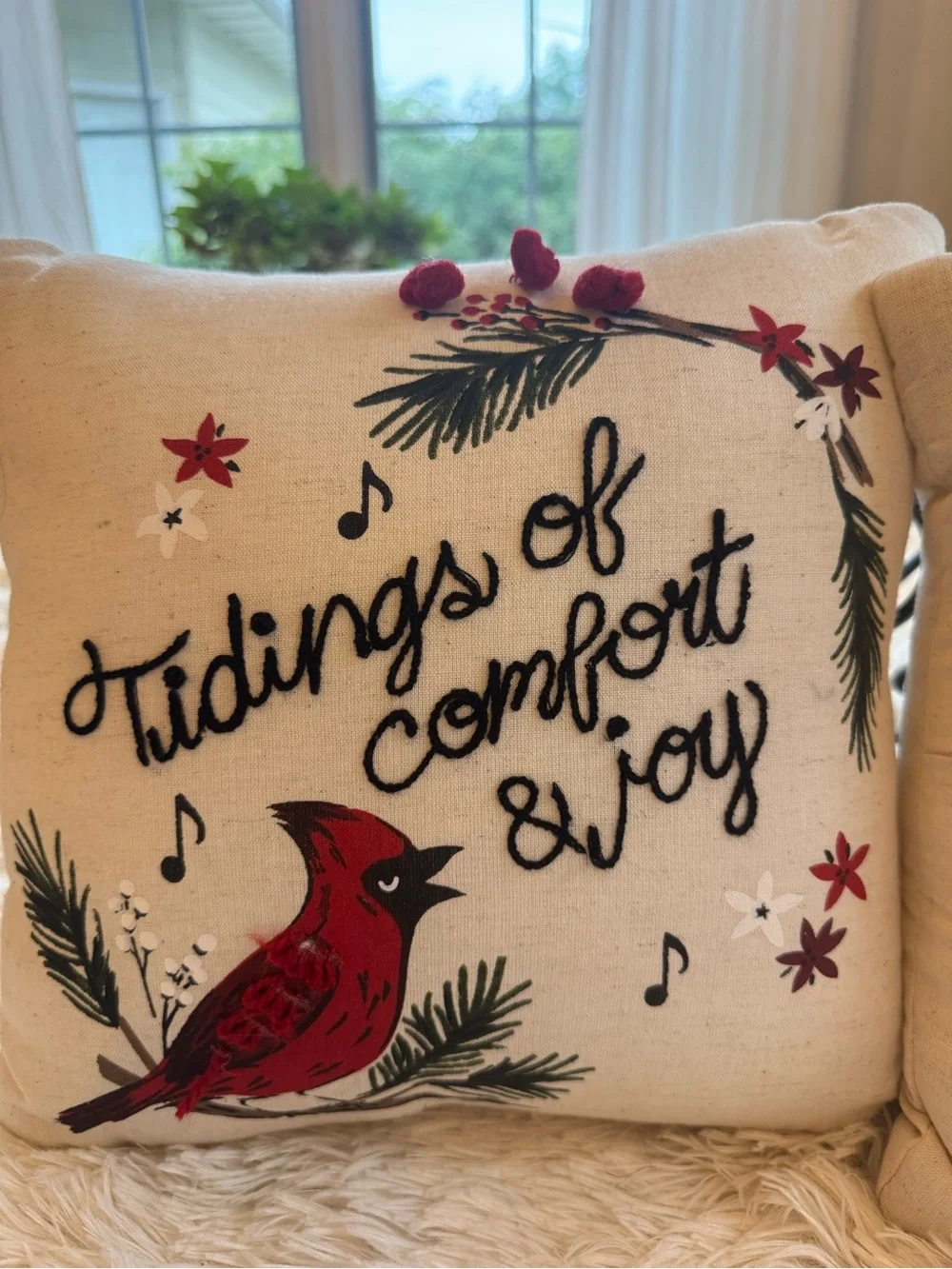 Holiday Cardinal & Wreath Decorative Throw Pillow Set - Neutral with Red & Green